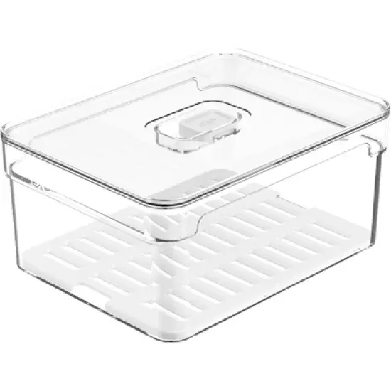 OU Fridge Organizer Bin with Drain Tray & Vented Lid, 2.3qt Clear Stackable Refrigerator Storage Bin, Produce Kitchen Storage Container, BPA Free image {11}