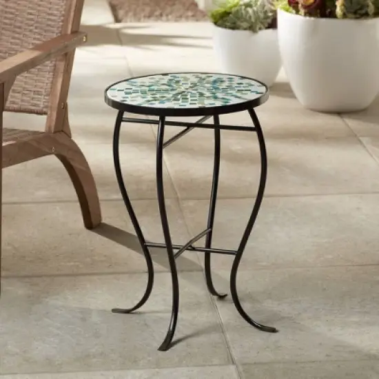 Teal Island Designs Modern Mosaic Black Round Outdoor Accent Side Table 14" Wide Aqua Blue Front Porch Patio Home House Balcony Deck Shed image {1}