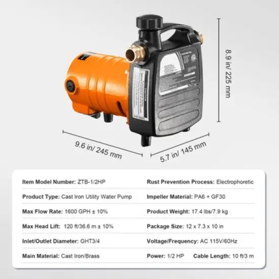 VEVOR Cast Iron Water Transfer Pump, 115V AC 1600 GPH 1/2HP, Portable Electric Utility Pump with Carbon Brush, Black+Orange image {7}