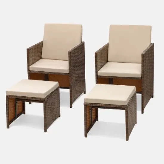 4pc Outdoor Wicker Rattan Set with Cushioned Chairs & Ottomans - Devoko
 image {7}