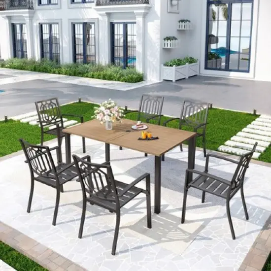 7pc Patio Dining Set with Rectangular Faux Wood Table with Umbrella Hole & Chairs - Captiva Designs: Weather-Resistant, Steel Frame image {8}