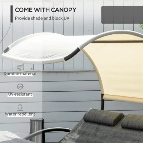 Resenkos Outdoor Double Chaise Rocking Chair, Day Bed Sun Lounger with Canopy Shade, Headrest Pillow, Armrests, Light Gray image {7}
