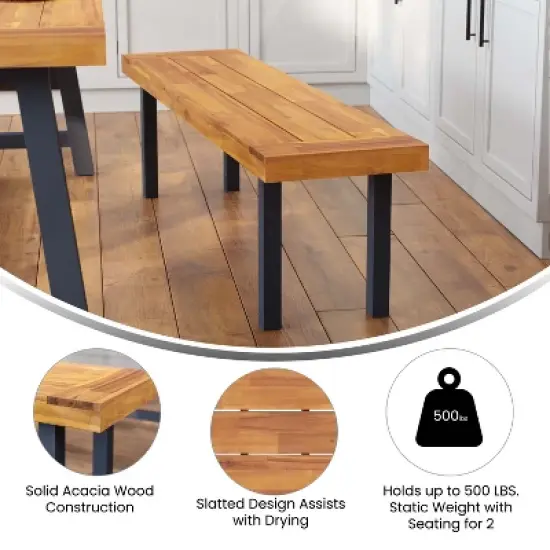 Emma and Oliver Rustic Natural Acacia Wood Bench with Seating for Two, Flared Wooden Legs and Slatted Surface for Indoor and Outdoor Use image {5}