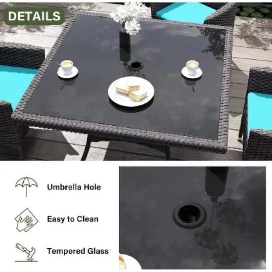 ALAULM Patio Furniture Outdoor Dining Set, Wicker Rattan Patio Dining Table and Chairs Set, Square Tempered Glass Tabletop with Umbrella Set image {3}