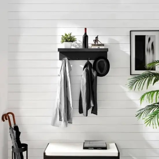 25.6" x 5.75 Wall Mounted Entryway Coat Rack with Decorative Ledge Shelf and Hooks Black - Danya B. image {1}