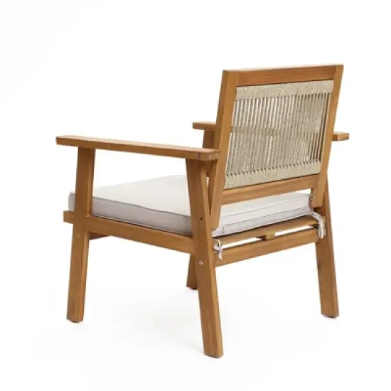 LuxenHome Outdoor Acacia Wood Rope Back Armchairs with Cushions, Set of 2 image {4}