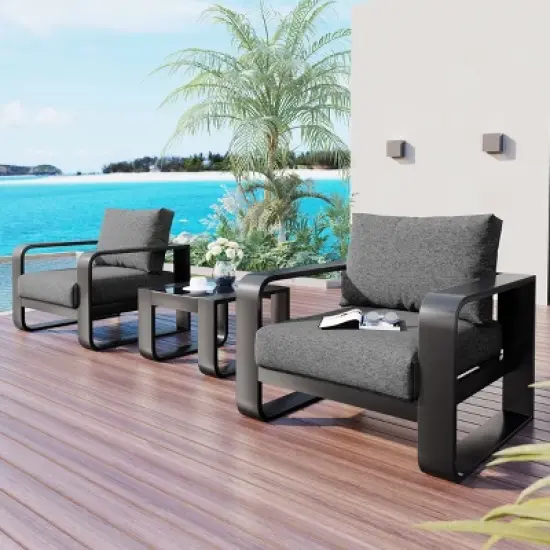 3 Piece Aluminum Outdoor Patio Bistro Set,Olefin Fabric Upholstered Arm Chairs Set of 2 with Coffee Table,Metal Garden Furniture Sets-Coolbibila image {1}