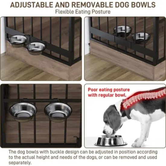 35"W Dog Kennel with Drawers, Pet Cage End Table with 2 Adjustable Bowls, Dog Crate Furniture, Brown image {3}