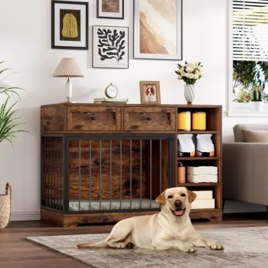 Whizmax 47" Dog Crate Furniture - Wooden TV Stand Kennel with 2 Drawers & 4 Shelves, Decorative Storage Cabinet for Large Dogs, Indoor Pet Cage image {8}
