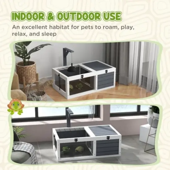 PawHut Tortoise Habitat, Wooden Tortoise House, Indoor Outdoor Tortoise Enclosure with Lamp Holder, Pull-out Waterproof Trays, Openable Lids, Gray image {4}