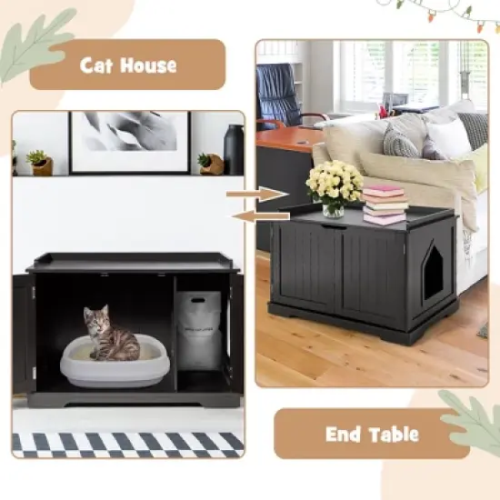 Costway Cat Litter Box Cabinet Furniture Cat Washroom Storage Bench Black image {4}