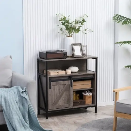 HOMCOM Farmhouse Buffet Cabinet, Kitchen Sideboard, Coffee Bar Cabinet with Sliding Barn Door and Adjustable Shelf for Living Room, Gray image {1}