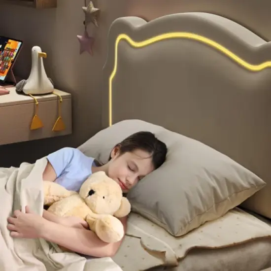 Whizmax Twin Velvet Platform Bed - Adjustable Bear Headboard with RGB LED Lights, Noise-Free Kids Bed Frame, No Box Spring image {6}