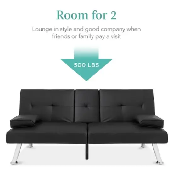 Best Choice Products Modern Faux Leather Convertible Futon Sofa w/ Removable Armrests, Metal Legs, 2 Cupholders image {2}