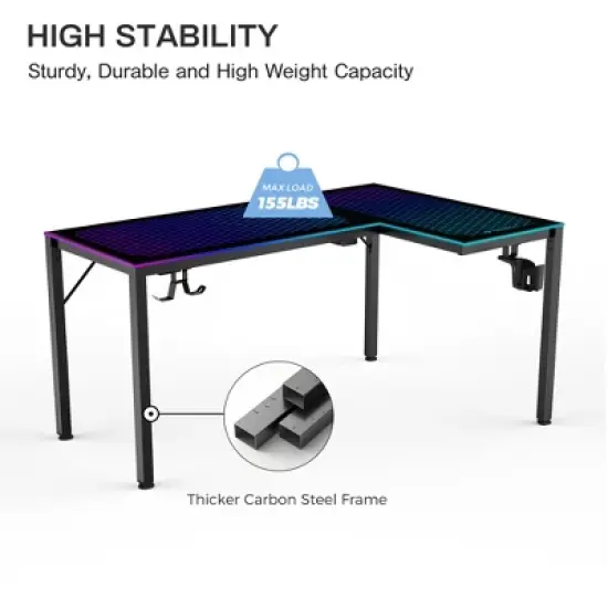 GTG-L60, 60"x23" L Shaped Glass Desktop Gaming Desk,Black,48.54" D x 60'' W x 30" H image {6}