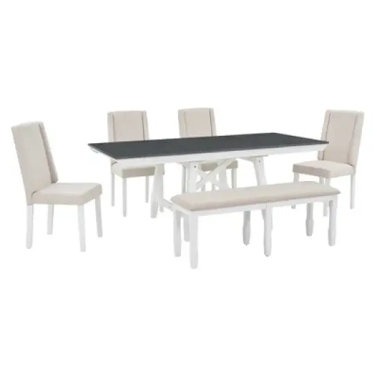 6 PCS Classic Wood Extendable Dining Table Set, Rectangular Table with 4 Upholstered Chairs & Bench, Gray+White-ModernLuxe image {8}