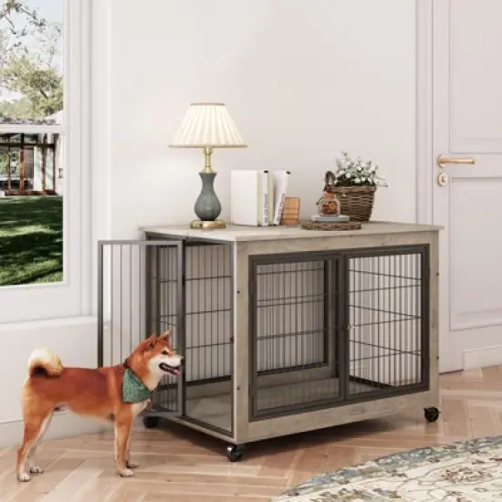 Dog Crate Furniture, Side End Table, Modern Wooden Kennel with Doors, Top Opening and Closing & Bottom Wheels for Medium Large Dogs up to 70 lb image {7}