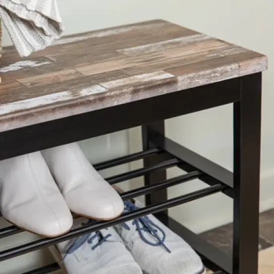 31.5" Entryway Storage Bench and Shoe Rack Distressed Wood Finish Brown - Danya B. image {8}