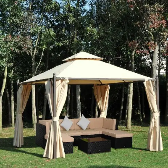 Outsunny 10' x 10' Steel Outdoor Patio Gazebo with Polyester Privacy Curtains, Two-Tier Roof for Air, & Large Design image {2}