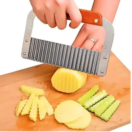 Kitcheniva Stainless Steel Wavy Crinkle Cutter Slicer with Wooden Handle image {2}