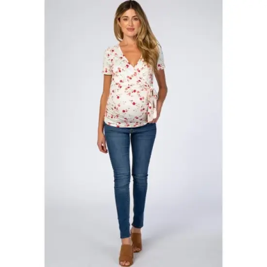 PinkBlush Ivory Floral Wrap Fitted Maternity/Nursing Top image {4}