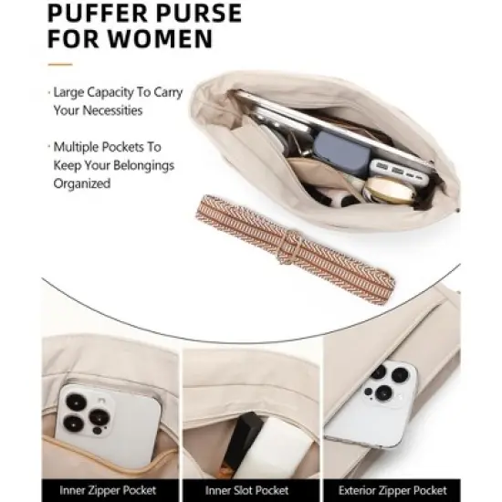 Purses for Women 2PCS Puffer Quilted Crossbody Shoulder Hobo Bags Trendy Ladies Handbag with Coin Wallet 2 Adjustable Straps Beige image {3}