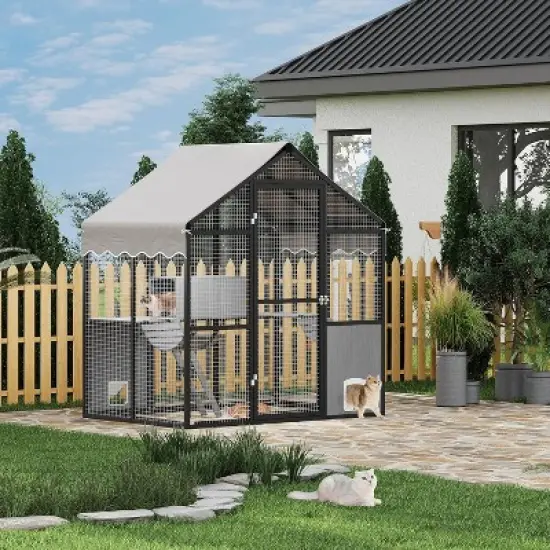 Aluminum Outdoor Cat Enclosure With Weatherproof Roof, Extra Large Catio With Channels, Side Door, Walk-In Large Outdoor Catio for Multiple Cats image {2}