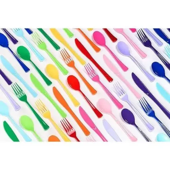 Exquisite Solid Color Plastic Utensil Cutlery Set Forks Spoons Knives- 150 Pack image {4}