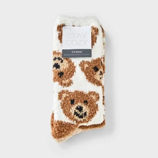 Women's Teddy Bear 2pk Cozy Crew Socks - Brown/Ivory/Tan 4-10 image {1}