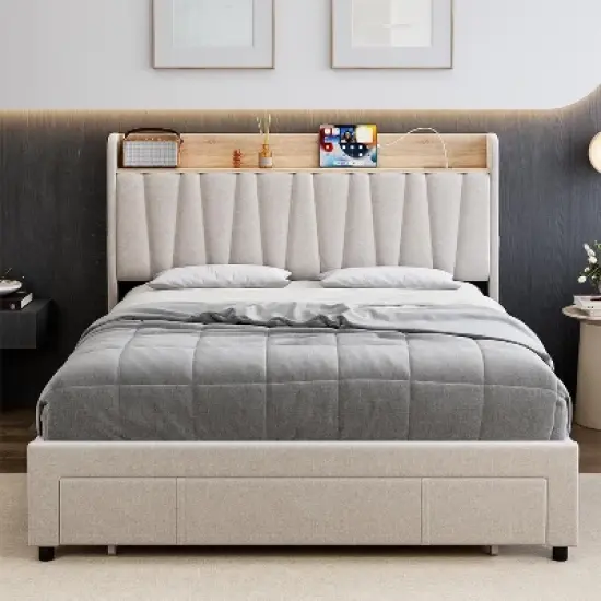 Full/Queen Size Upholstered Bed Frame with Storage Headboard, Drawer, Charging Station, Linen Platform, No Box Spring Needed image {6}