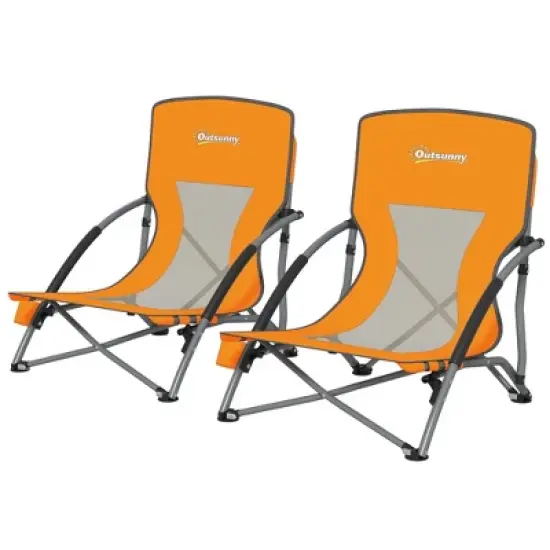 Outsunny Set of 2 Folding Beach Chair, Beach Chairs with Mesh Back, Carry Bag and Cup Holder for Outdoor Camping Lawn Sports Picnic, Orange image {3}