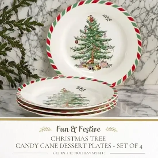 Spode Christmas Tree 8" Candy Cane Appetizer Plates (Set of 4) - Festive Holiday Tableware, Dishwasher & Microwave Safe image {1}