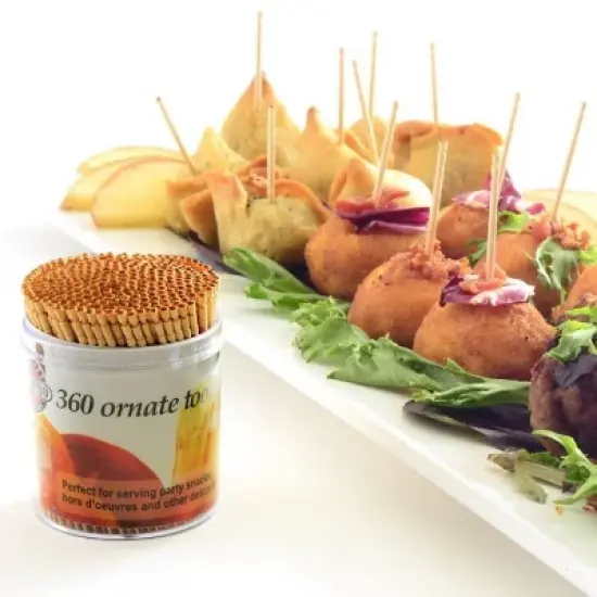 Norpro 2.5" Fancy Ornate Wood Toothpicks Appetizer Skewers with Holder - 450 Pack image {2}