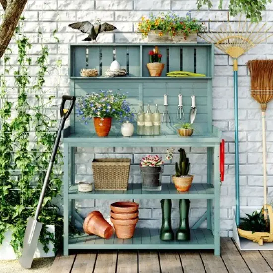 65" Wood Outdoor Potting Bench, 3-Tier Garden Shed Storage Shelves, Flower Display Rack Plant Stand Workstation-The Pop Home image {9}