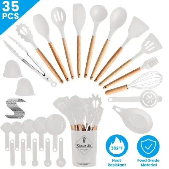 NewHome "35-Piece Kitchen Utensils Set with Holder &ndash; Complete Cooking & Baking Tools, Spatulas, Spoons, Tongs, Cups" White image {2}