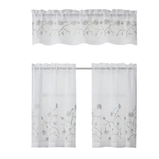 Kate Aurora Complete 3 Piece Embroidered Shabby Floral Roses Sheer Cafe Kitchen Curtain Tier & Valance Set image {3}