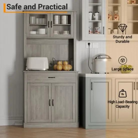 70.9" Tall Kitchen Pantry Cabinet, Wood Cupboard Storage Cabinet with Microwave Stand, Freestanding Hutch Cabinet, Coffee Bar Cabinet image {3}