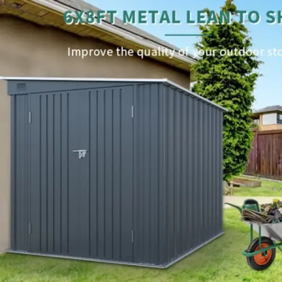 6x8FT Galvanized Steel Garden Storage Shed,Metal Lean To Shed with Lockable Double Doors and PC Light Board,Outdoor Tools Bikes Shed-Coolbibila image {2}