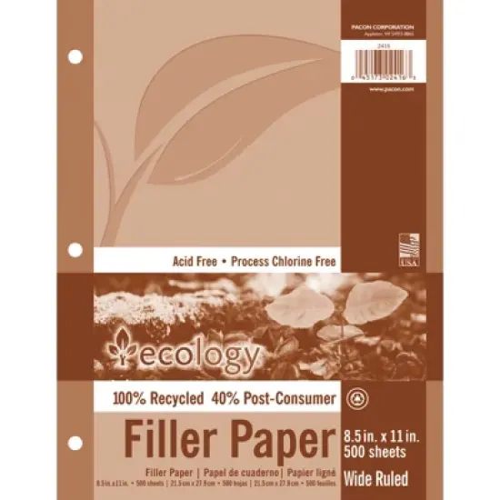 Ecology&reg; Recycled Filler Paper, White, 3-Hole Punched, 3/8" Ruled w/ Margin 8-1/2" x 11", 500 Sheets Per Pack, 2 Packs image {1}