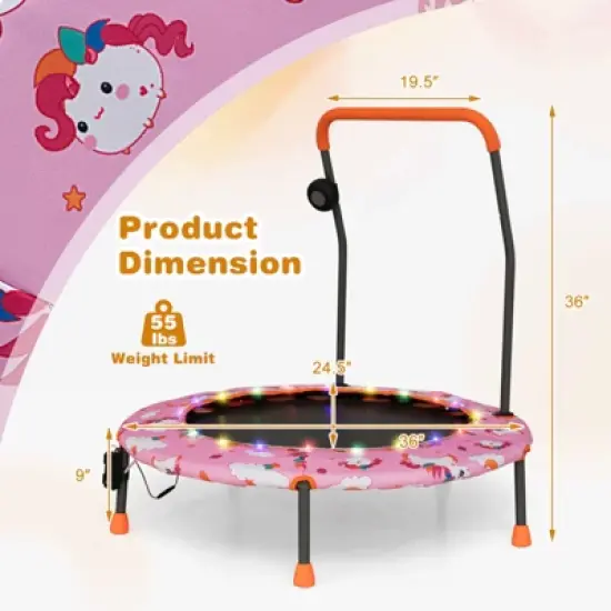 Costway 36'' Mini Toddler Trampoline W/LED Bluetooth Speaker Detachable Handle Kids Gifts Pink\Blue\Orange image {2}