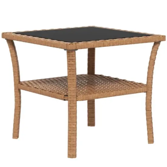 MOEPISY Rattan Side Table, with Storage Shelf, Aluminum Frame Square, Coffee Table with Tempered Glass Top image {10}