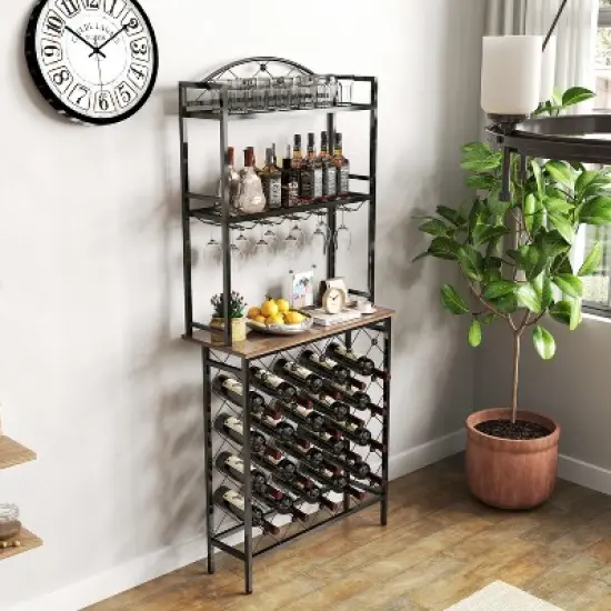 DOMETOUR Industrial Wine Rack Bar Table, 3-Tier Liquor Bottle and Glass Holder with Storage, Metal & Wood Organizer for Home Kitchen & Dining Room image {3}