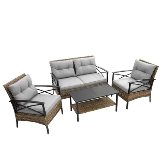 FIONECA 4-Piece Patio Sectional Low Dining Sofa Set, Rattan Wicker Outdoor Corner Conversation Set with Cushions image {5}