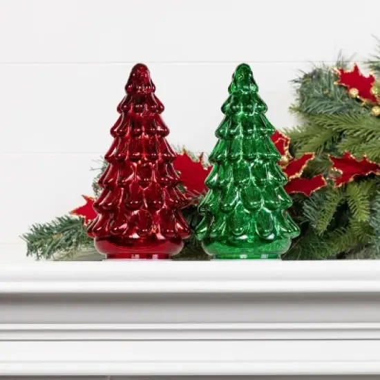 Transpac Glass Light Up Green and Red Tree Decor Set of 2 Christmas Home Decorations for Festive Cheer image {1}