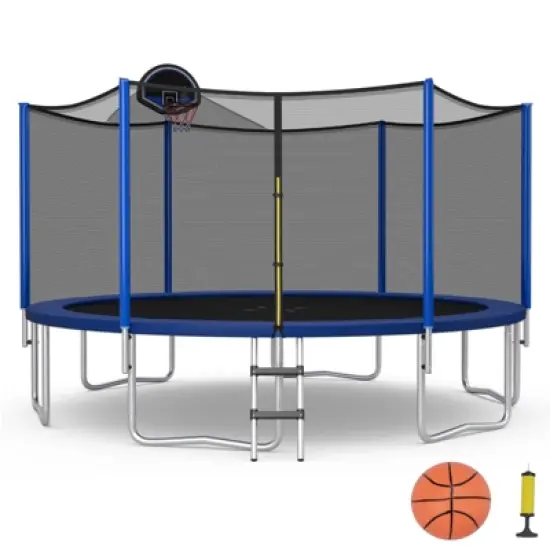 Infans 12FT Outdoor Large Trampoline Safety Enclosure Net w/ Basketball Hoop Stepper image {9}