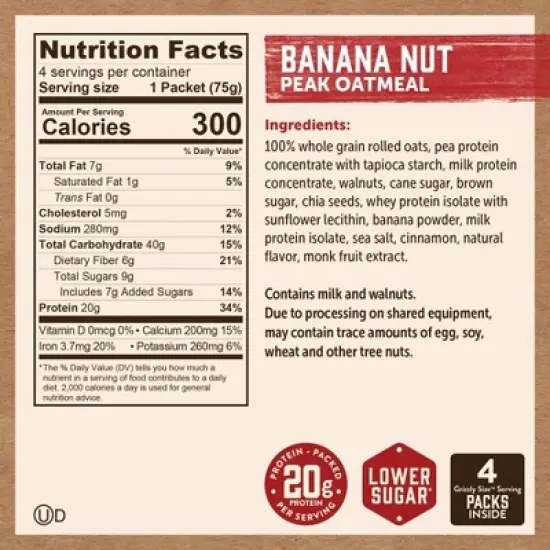 Kodiak Cakes Peak Protein Packed Banana Nut Oatmeal - 12.58oz/4ct image {2}