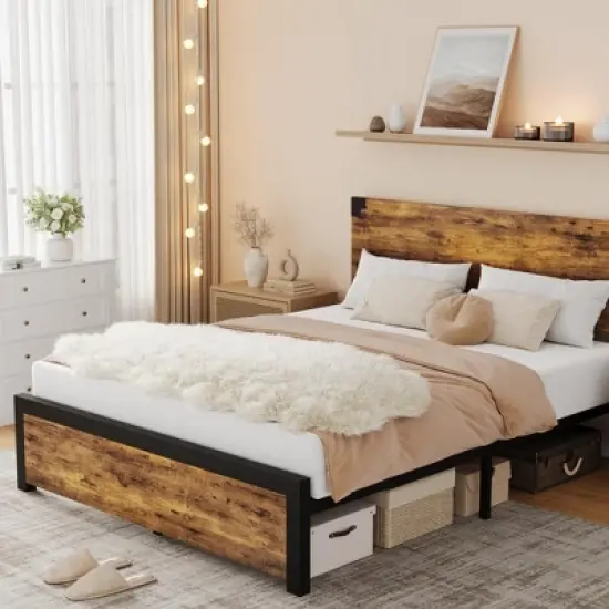 King Bed Frame with Headboard, Full Platform Bed Frame with Under Bed Storage and Metal Legs, Full Size Bed Frame for Noise Free, No Box Spring Needed image {2}