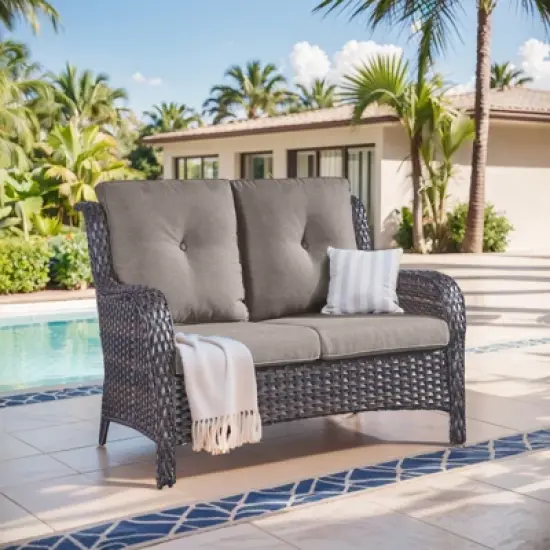 Buenhomino Outdoor Patio Couch Wicker Sofa Loveseat- 2 Seater Rattan Sofa for Outside Patio Garden with Deep Seating and Olefin Cushions image {12}