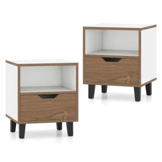 Tangkula 2PCS Nightstand Mid Century Modern Bedside Table w/ Drawer Open storage Shelf image {9}