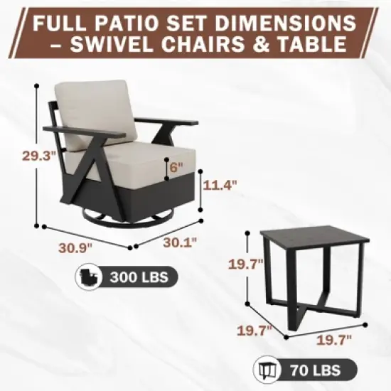 EAGLE PEAK Urban Slate 3 PCS Outdoor Bistro Set with Modern Swivel Rocking Chairs and Table image {2}